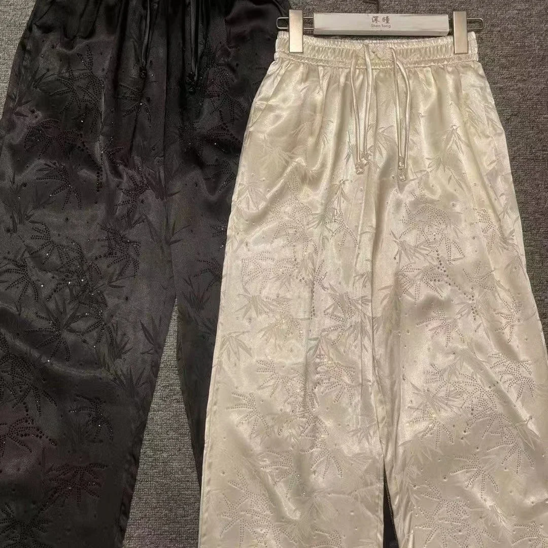 Blingbling strass pantaloni gamba liscia Weg da donna pantaloni dritti larghi casuali pantaloni con coulisse 2024 novità In pantaloni