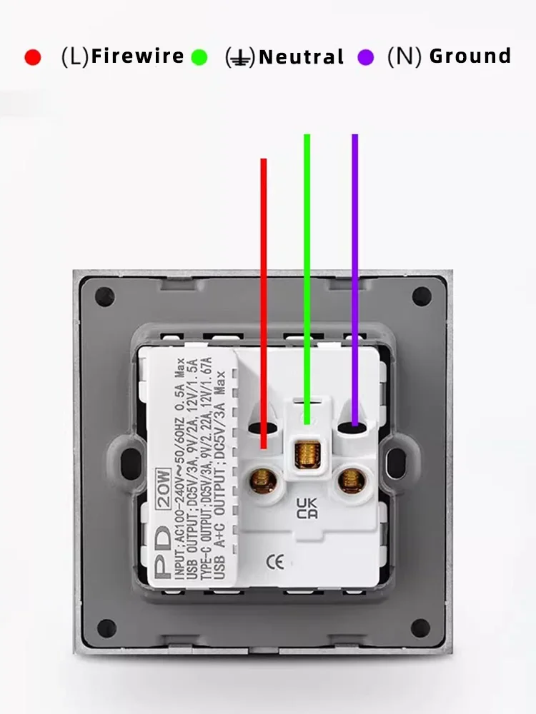 International universal five-hole socket with smart usb dual TypeC20W, fast charging wall usb C power outlet panel AC110V-250V