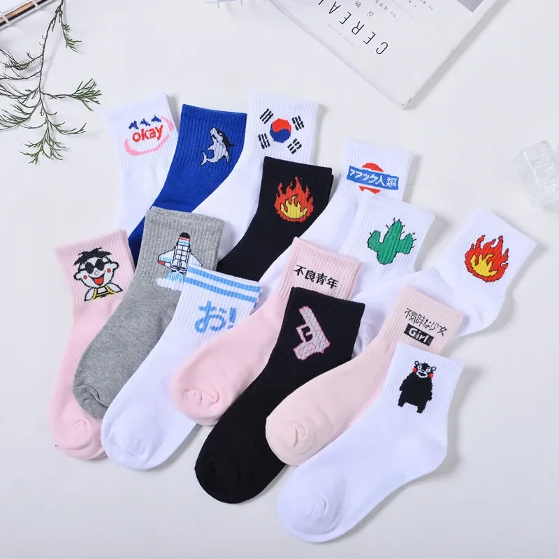 Women Socks Cartoon Cactus Gun Shark Funny Female Socks Summer Cotton Short Socks Korea Japanese Flame Harajuku Socks Girl Sock