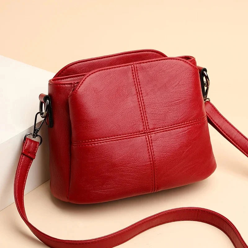 Vintage Women's Soft PU Leather Shoulder Bag Square Solid Color Crossbody  Middle Aged Female New Large Lady Messenger Bags