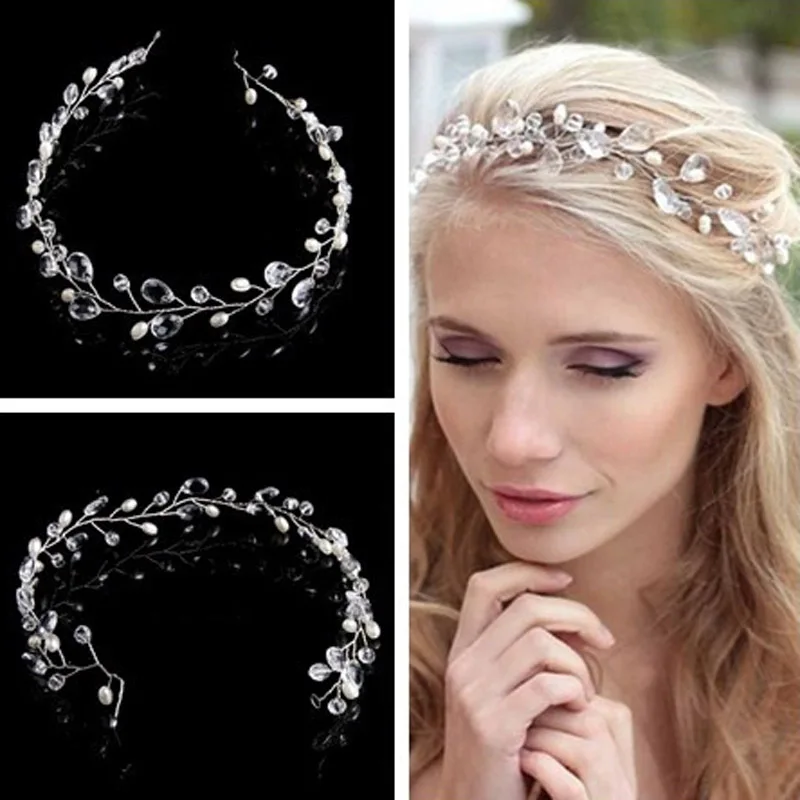 Korean Style Pearl Crystal Bridal Headband,Elegant Rhinestone Wedding Hair Accessory,White Beaded Headpiece for Bride Bridesmaid