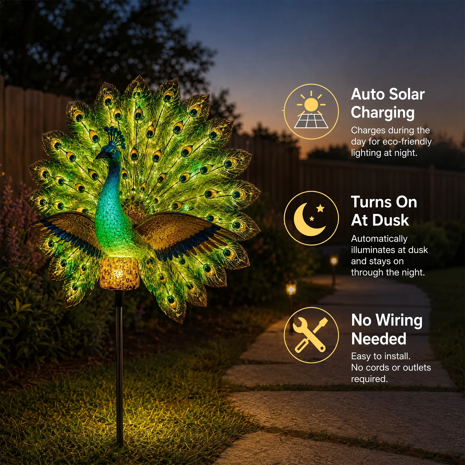Solar Peacock Sculpture with LED Auto-On Light, Resin Waterproof Garden Stake Light, Animal Figurine Pathway Lamp, for Yard Lawn