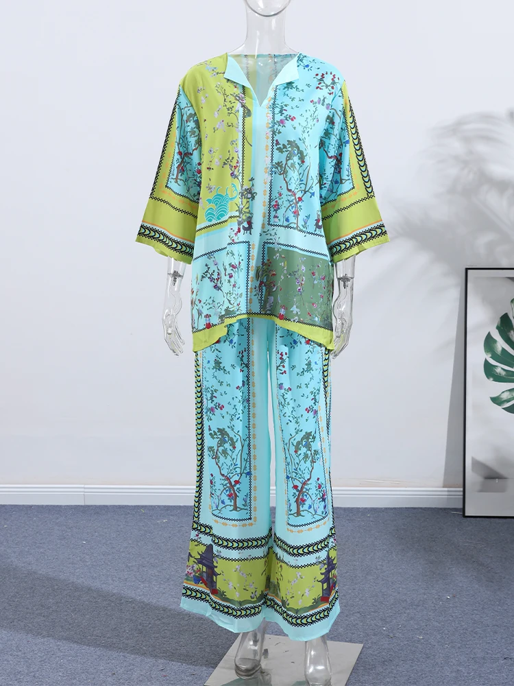 Set Celana Panjang Gambar Cetak Wanita Mode Kemeja Lengan Panjang Leher V Chic Setelan Celana Panjang Kaki Lebar Longgar Set 2 Potong Wanita Musim Panas