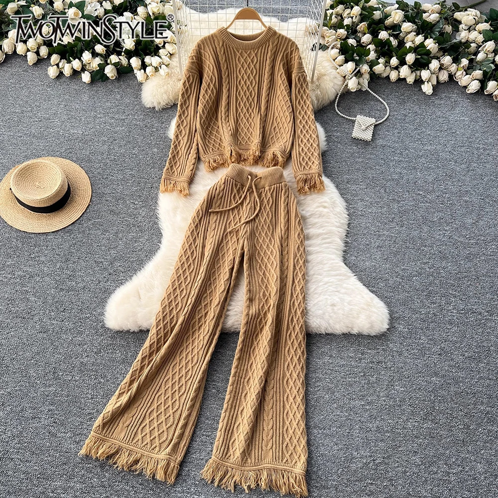 

TWOTWINSTYLE Knitted Casual Two Piece Set For Women Round Neck Long Sleeve Top High Waist Pant Minimalist Sets Female KSE513133