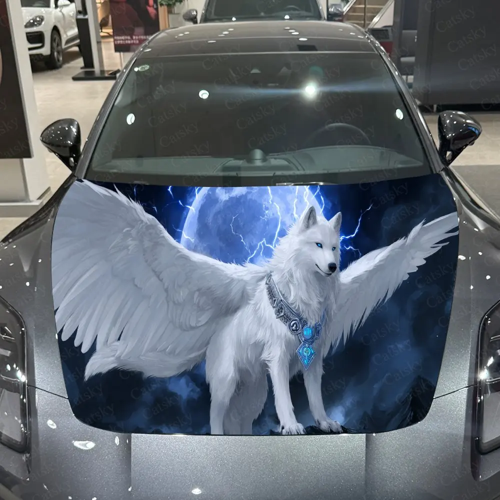 

White Winged Wolf Moonlit Romantic Myth PVC Car Hood Wraps, Self-Adhesive Waterproof Car Bonnet Decal Sticker, Car Decoration Pr