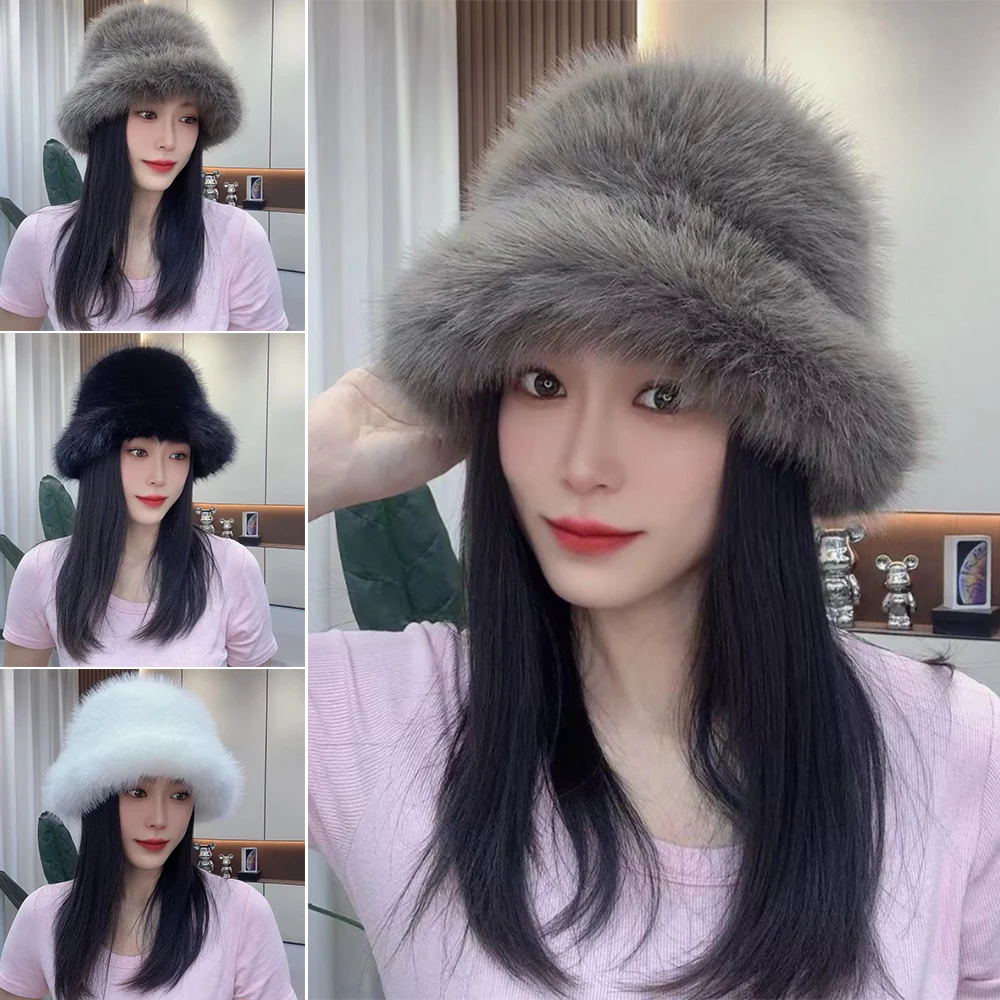 

1pcs Winter Hat Women Cap Faux Fur Women Bucket Hat Soft Fluffy Thicken Ear Protection Cap Luxury Versatile Mongolian Hats