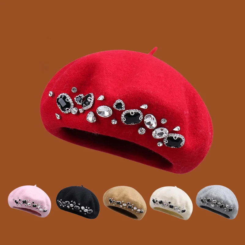 Herbst und Winter künstlerische einfarbige Diamant-Intarsien modische Wollbaskenmütze Damen Outdoor modische vielseitige Malerhüte