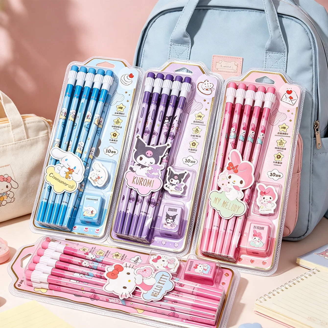 Cute Kuromi Hello Kitty Printed Pencil Kit, HB Writing Drawing Pencils with Decor Eraser Desktop Collectible Stationery Present