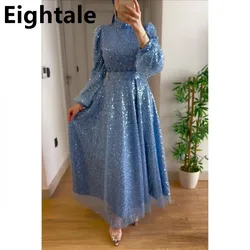 Eightale Customized 2025 Sky Blue Sequins High Neck A Line Long Sleeve Arabic Prom Dress Evening Dress Formal Party Gown