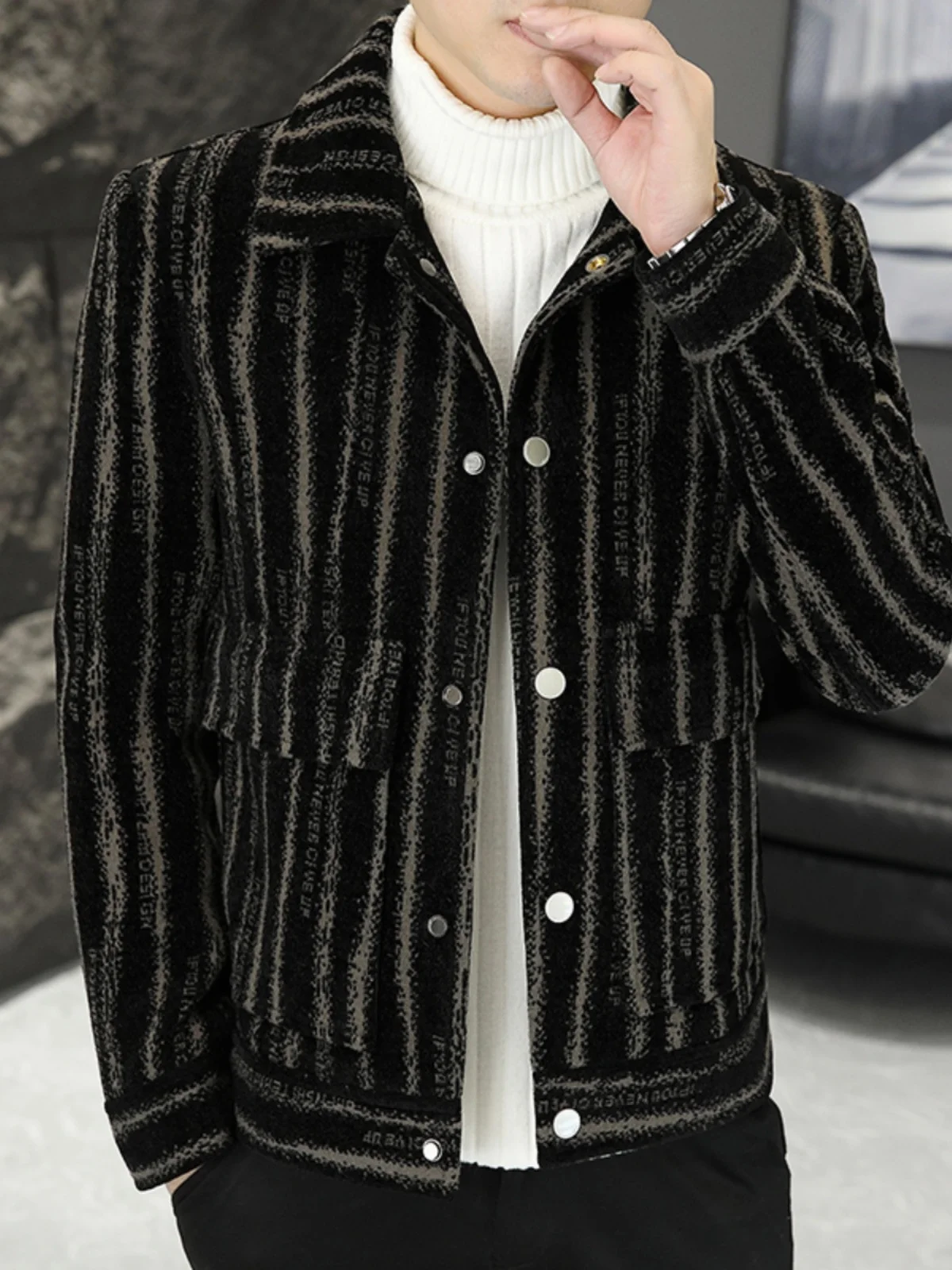

Casual High-End Men's Woolen Jaet Autumn Winter Faion Golden Mink Viscose Youth Vitali Sle Single Button Closure Coat