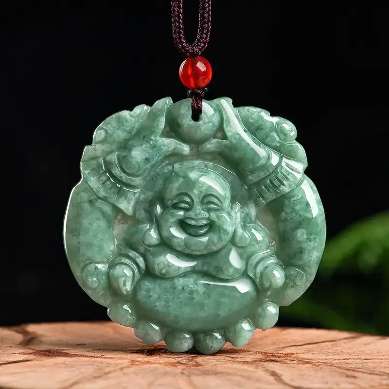 

Natural A Cargo Emerald Bean Green Handicraft Sculpting Buddhist Pendant Fashion Boutique Jewelry Men's and Women'sJade Necklace