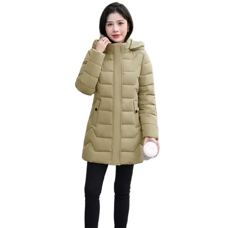 

Winter Mid-Long Cotton Jacket Women 2023 New Stand-Up Collar Hooded Coat Pure Colour Outerwear Thicken Parka Overcoat Female