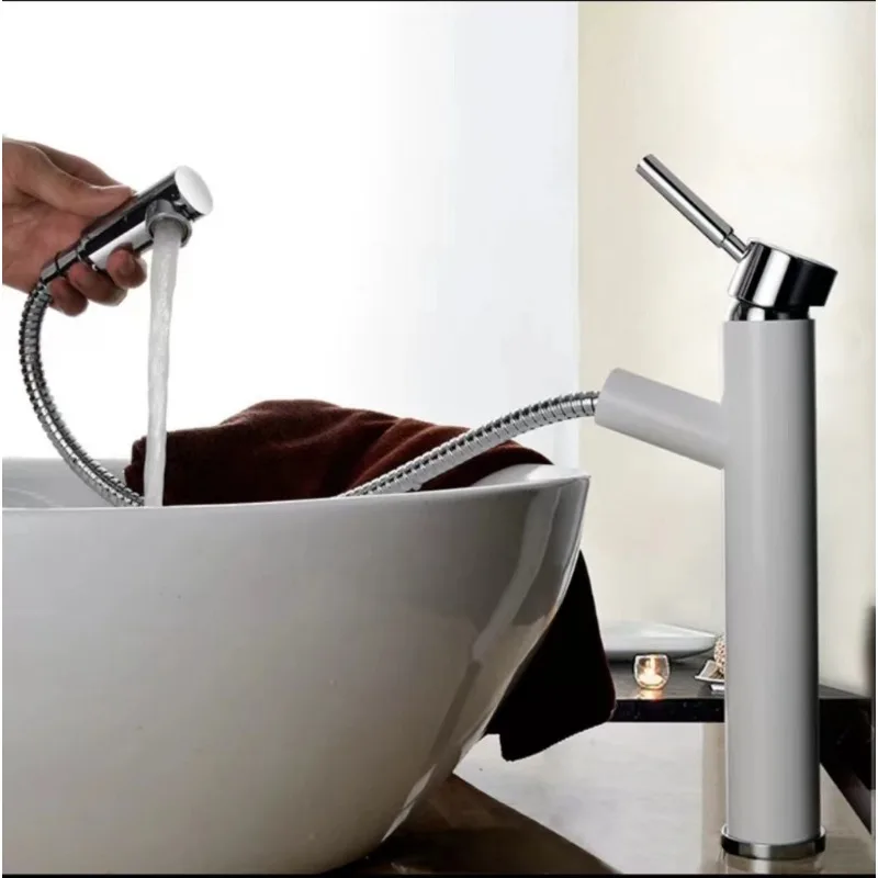 

Washbasin Faucet Pull-out Rotatable All Copper Black and White Bathroom Hot and Cold Basin Countertop Basin