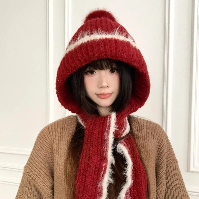 

Красные вязаные шапки-бомберы с плюшевым ремешком в стиле ретро, осенне-зимние теплые универсальные атмосферные милые женские шапки для путешествий