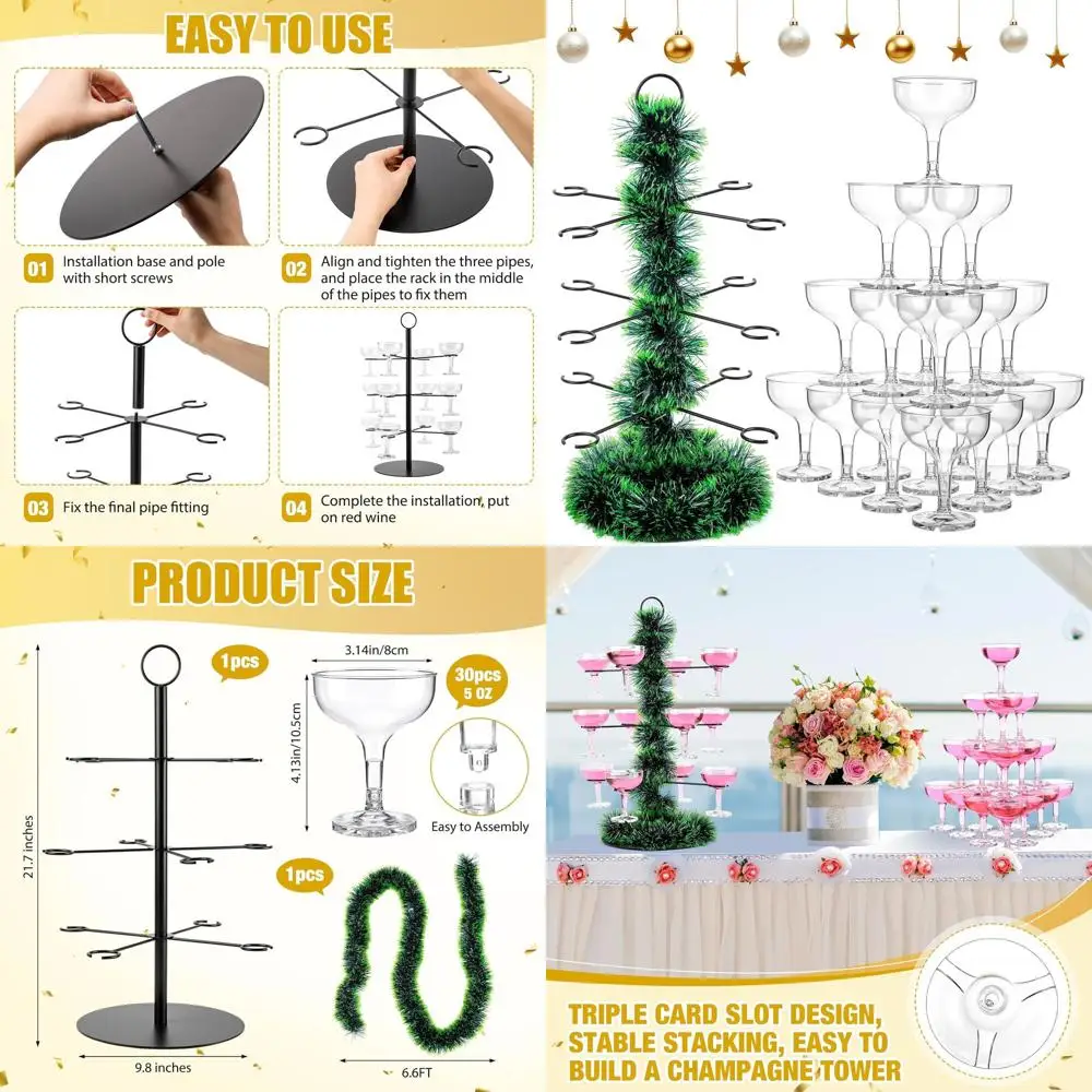 

3-Tier Christmas Tree Stand with Garland & 30 Cups, Dark Green for Weddings & Parties