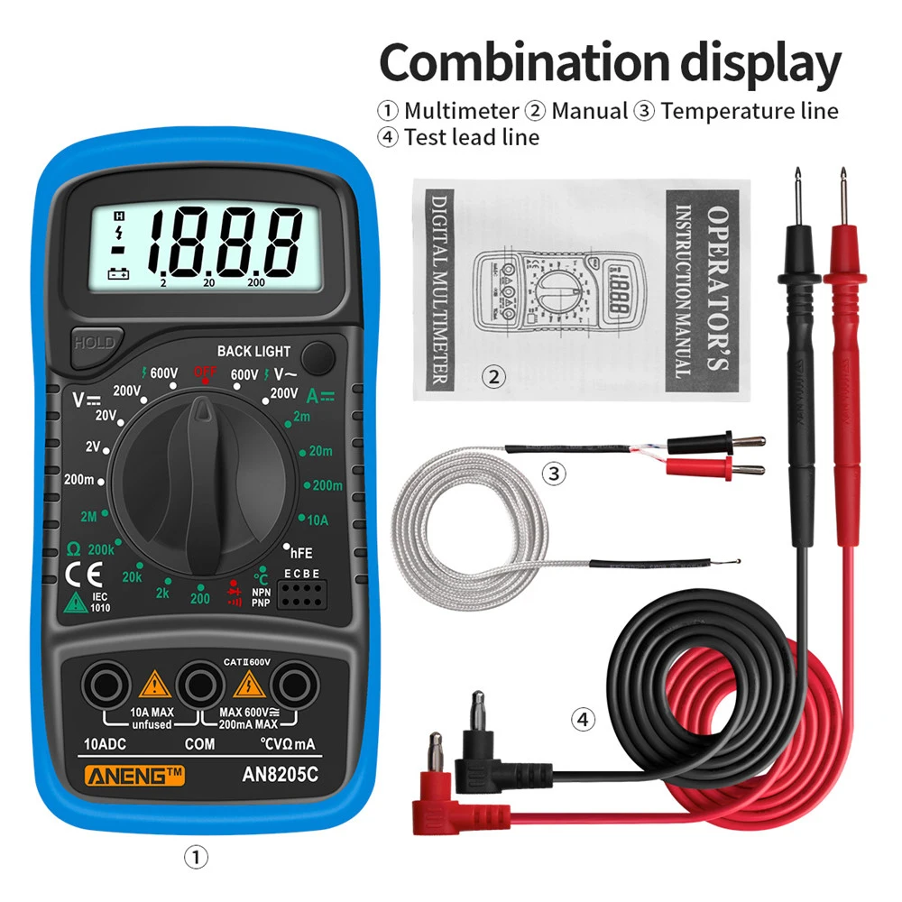 LCD Digital Multimeter AC/DC Ammeter Volt Ohm Test Meter AN8205C Profession Multimetro with Thermocouple Backlight Display