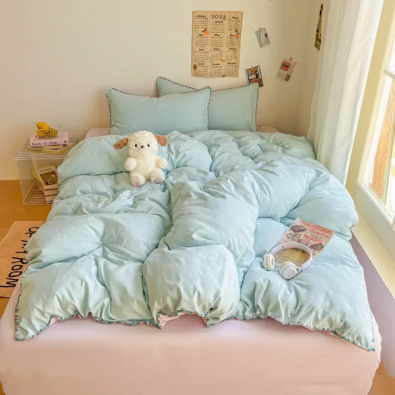 Class A 2025 bed new cream wind solid color bed sheet four-piece set student quilt cover four-piece set household