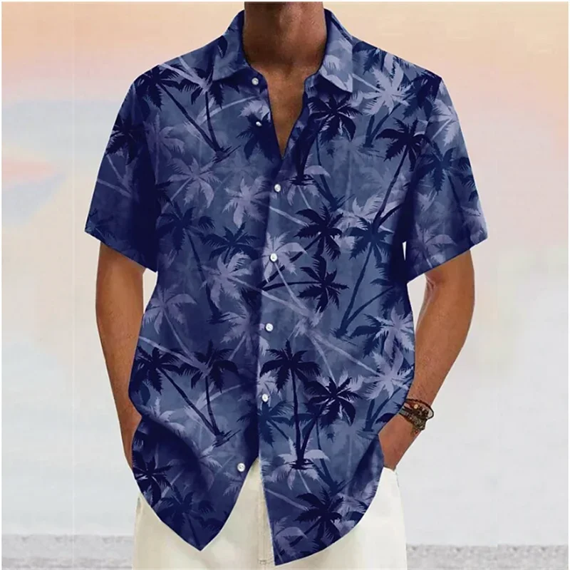 

2024 Summer Men's Shirt Coconut Tree Print Lapel Button Shirt 7 Colors Hawaiian Short Sleeve Fashion Designer Casual Soft 5XL