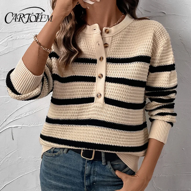

Autumn Button-Detachable Striped Cozy Loose Sweater