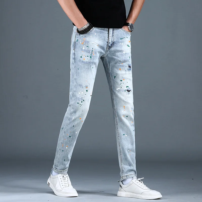 

Trendy high-end jeans men's personalized paint printing slim fit skinny stretch casual street motorcycle trousers