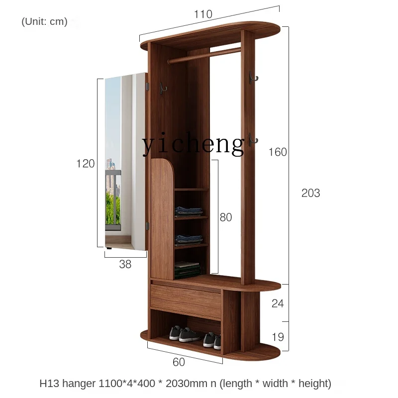 

Zc Solid Wood Hanger Floor-Standing Household Coat Rack Dressing Mirror Integrated Bedroom Storage Cabinet Storage Rack