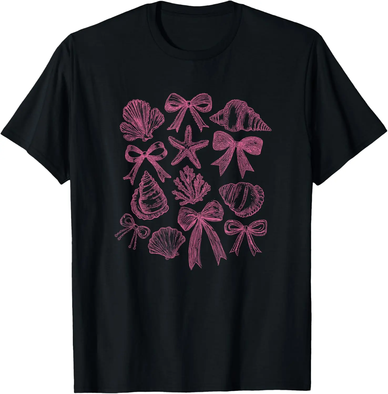 Seashells Bows Coquette Coastal Summer Beach Pink Graphic T-Shirt 100% Cotton Trendy Y2K Short-Sleeve Tee-Soft, Quick-Drying,