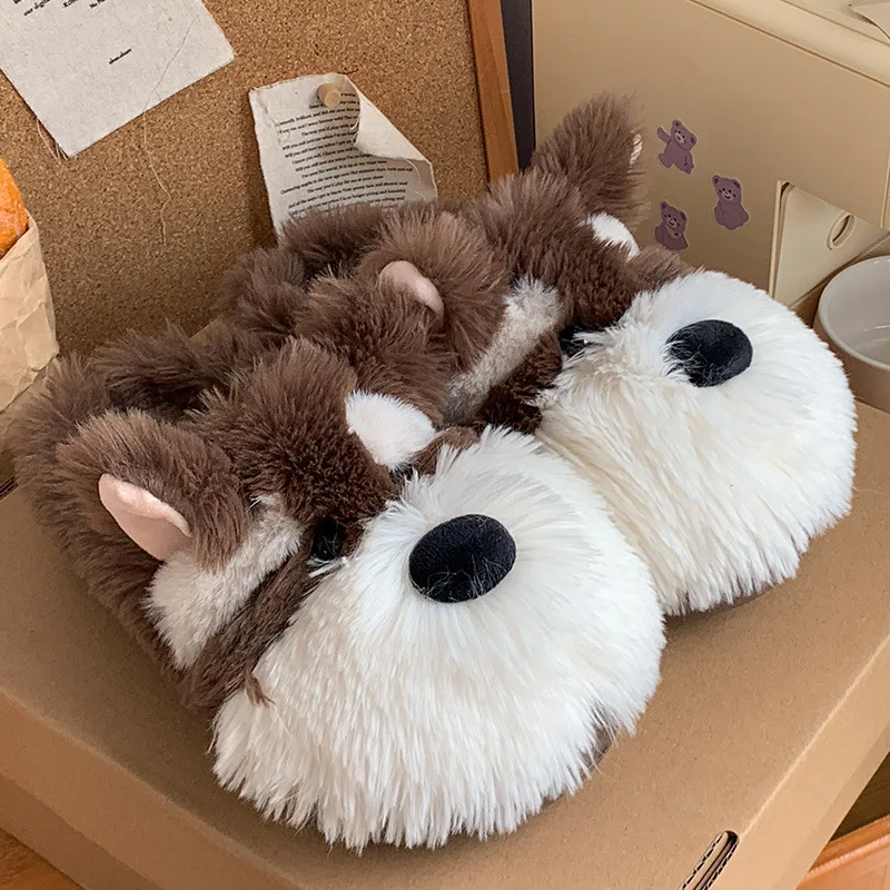 

Winter New Cute Dog Cotton Slippers For Women Indoor Household Non Slip Warm Plush Soft Bottom Cartoon Home Flat Lazy Slippers