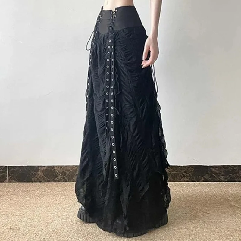 

Europe American Gothic Lace Mesh Long Skirt Autumn Harajuku Vintage Bandage Split Joint Solid Color A-line High Waist Skirt Wome