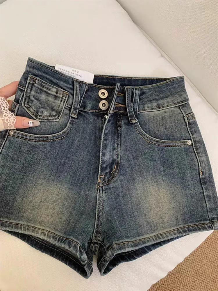 

Retro High Waist Denim Shorts Women's Pear Shape Summer New plus Size Elastic Meat Concealing A-Line Hot Pants Casual Style
