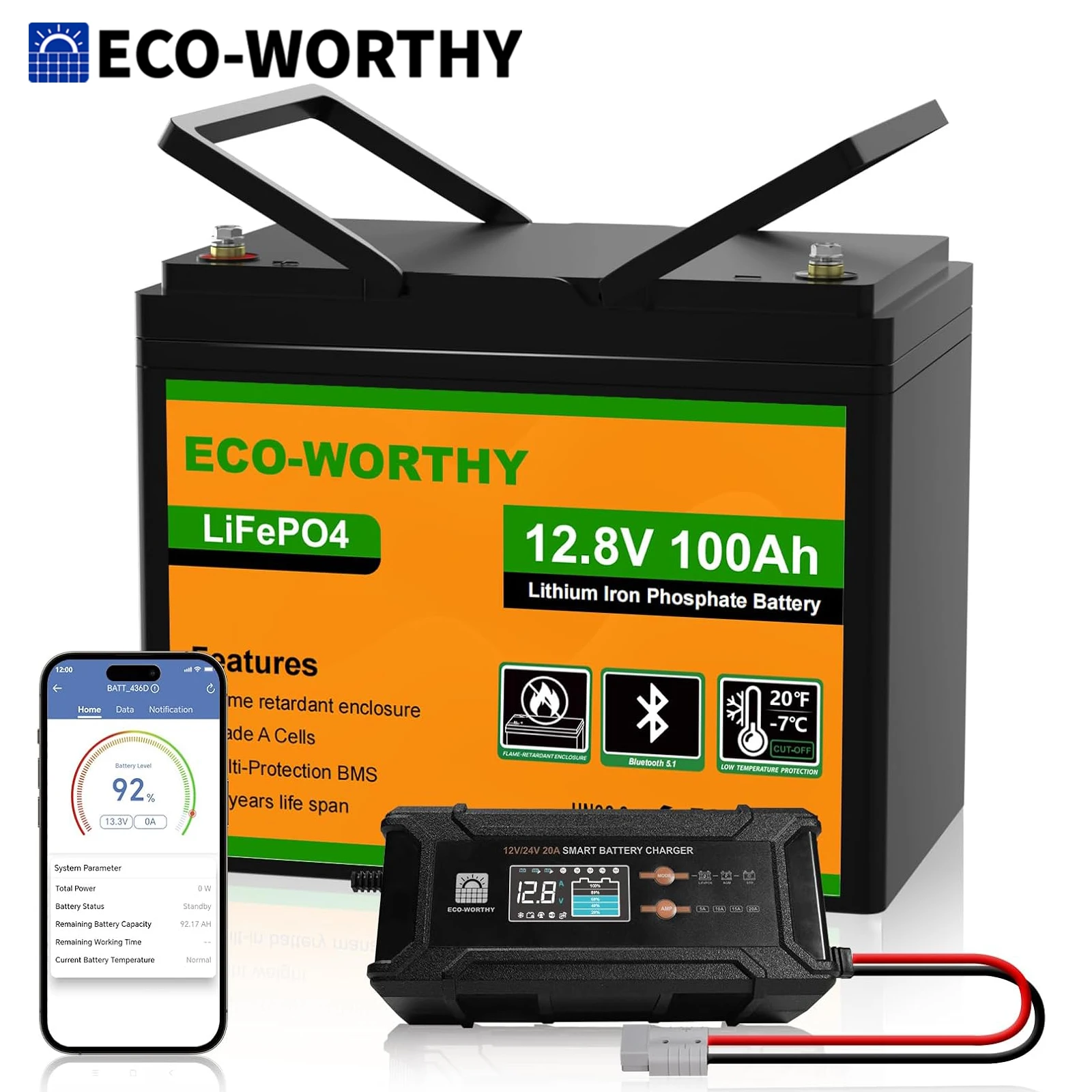 ECO-WORTHY 12V 100Ah LiFePO4 Bluetooth avec chargeurs 12/24V 20A, batterie lithium 12V 100AH avec protection BMS basse température