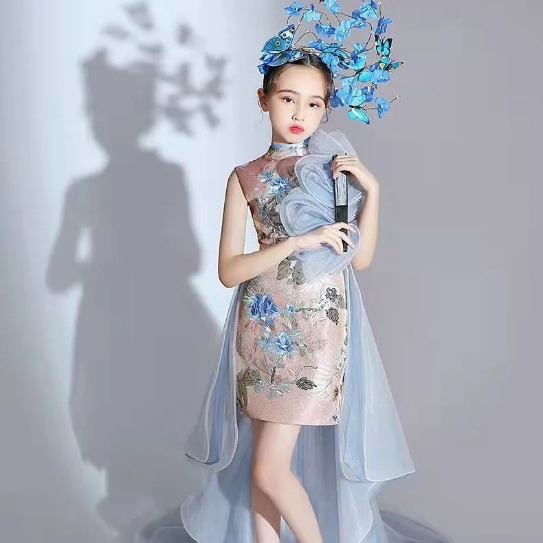 China-Chic Girls' Cheongsam Chinoiserie Style Catwalk Children's Wear Performance Clothes T Stage Fashion Pop Tuxedo Show Dress