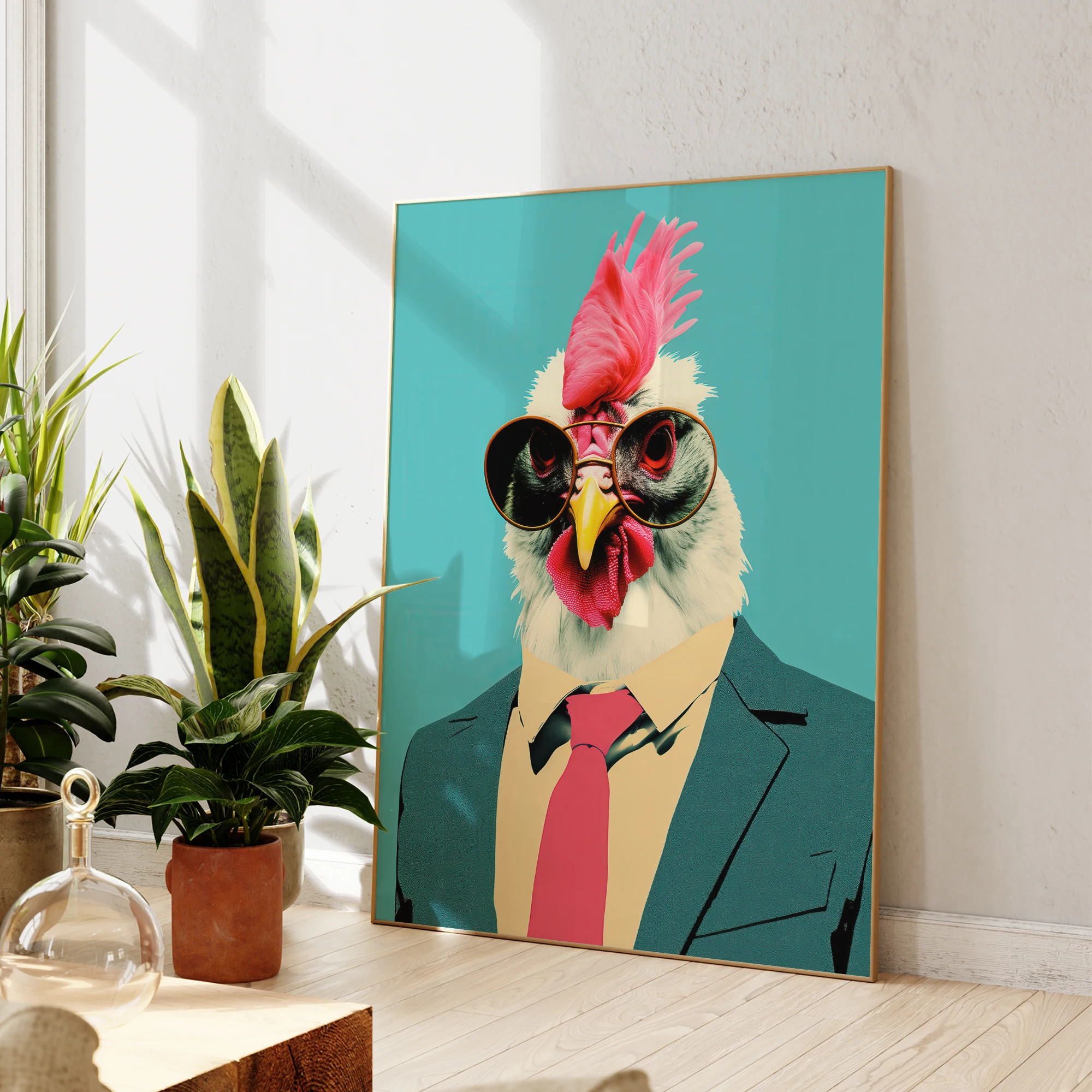 Modern Blue Funny Chicken In Suit Dancing Cool Animal Wall Art Prints Canvas Painting Poster Picture Living Room Home Decor