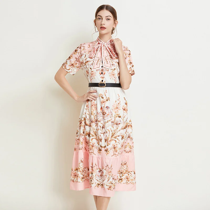 

French Elegant Summer Pink Flower Print Holiday Midi Dress Vintage Women Bow Collar Lace Up Floral Short Sleeve Belt Vestidos