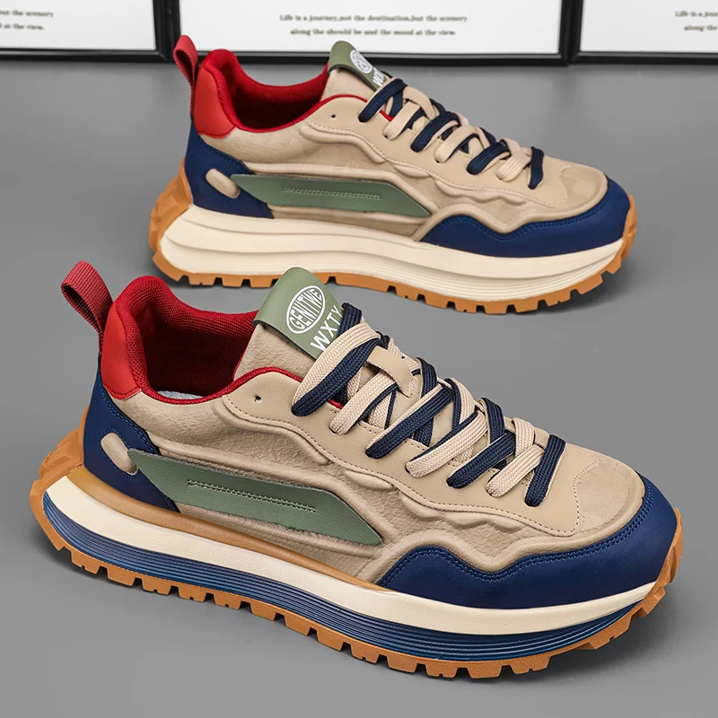 

Casual Sporty Men's Shoes Leather Upper Fashionable All-Match Spring Increase Height Dad Shoes round Toe Rubber Outsole