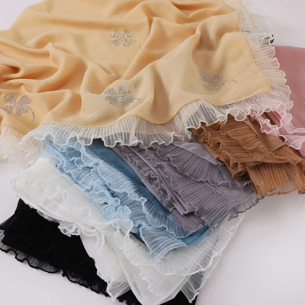 New Four-leaf Clover Pearl Chiffon Square Hijab Hot Diamond Organ Edge Islamic Lace Scarf Africa Head Scarf Headwraps for Women