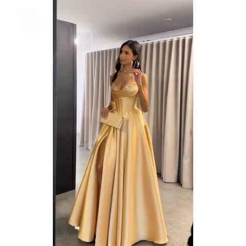 Customized Satin A Line Prom Dress Spaghetti Strap Sweetheart Beaded High Slit Party Dresses Floor-Length Formal Evening dress