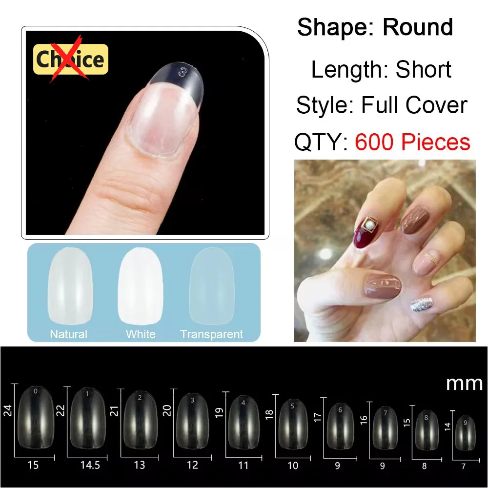 

Buy in Bulk Pay One Shipping Fee Only 600 Pieces Round False Nail Tips S Size Full Cover with Etra Size 5 6 Short Fake Nails