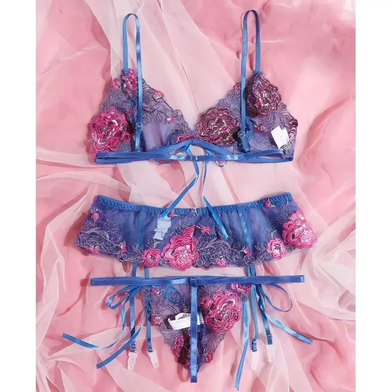 الملابس الداخلية النسائية مجموعة شفافة الصدرية مثير ثلاث قطع مجموعة ربطة القوس فيونكة المثيرة الملابس الداخلية مثير ثلاث نقاط الملابس الداخلية المثيرة الرباط الأشرطة #4