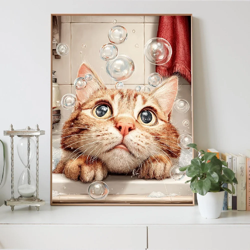 Fun Retro Bathroom Cute Cat Bubbles Bathing Decorative Color Canvas Painting Wall Art Poster Picture Home Decor Mural Cuadros