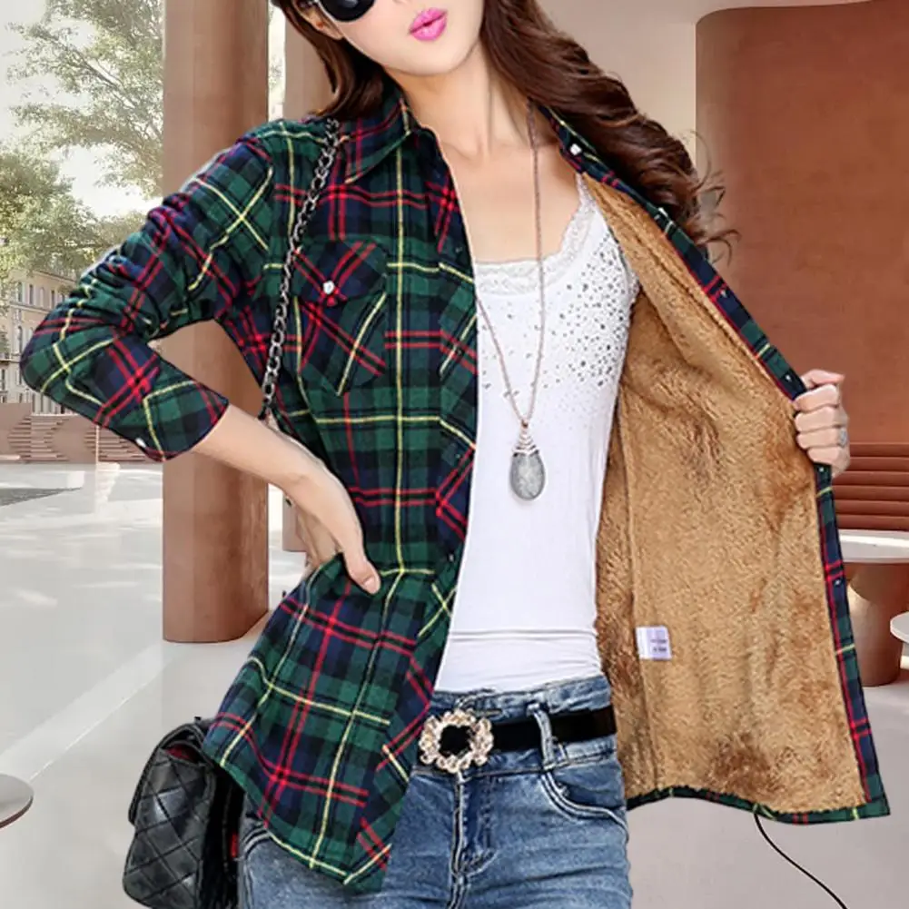 New Women Warm Plaid Shirts Fashion Oversized Winter Checkered Blouse Turn Down Collar Two Pockets Shirt Blusas Feminina M-3XL