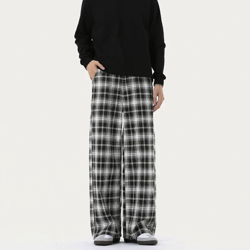 

New Retro Checkered Casual Drape Loose And Lazy Style Wide Leg Straight Leg Design Floor Length Pants For Men