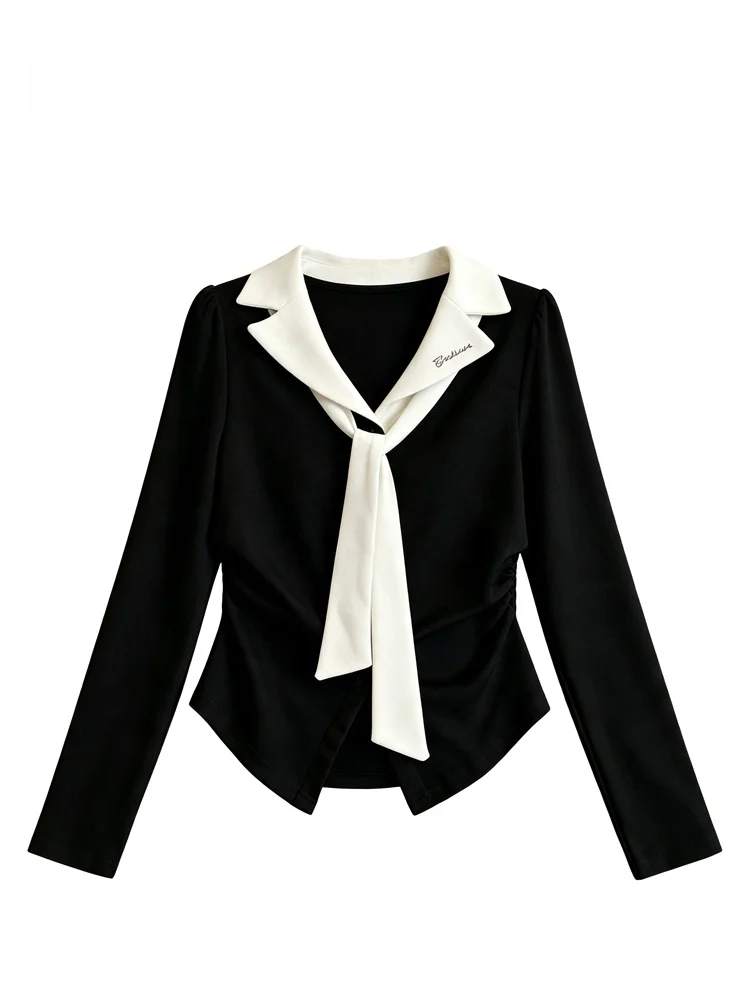 plus Size Women's Long Sleeve T-Shirt Shoulder Length Fit And Flare Splice Style Meat Concealing Trendy Top for Autumn