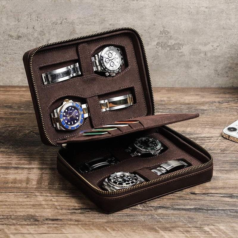 Retro Crazy Horse Leather Watch Box Handmade Rectangle Outdoor Travel Multi-Card Position Watch Storage Box