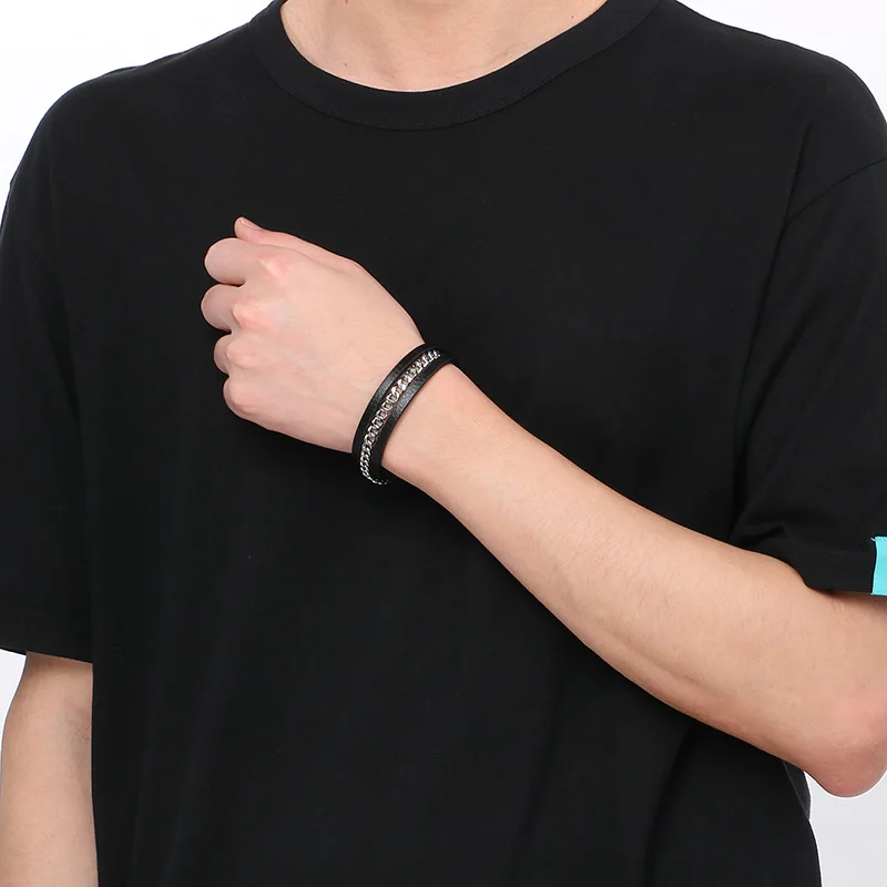 Hip Hop Classic Double Cowhide Bracelet For Men Stainless Steel Cuban Chain Bracelet Gift Trendy Jewelry