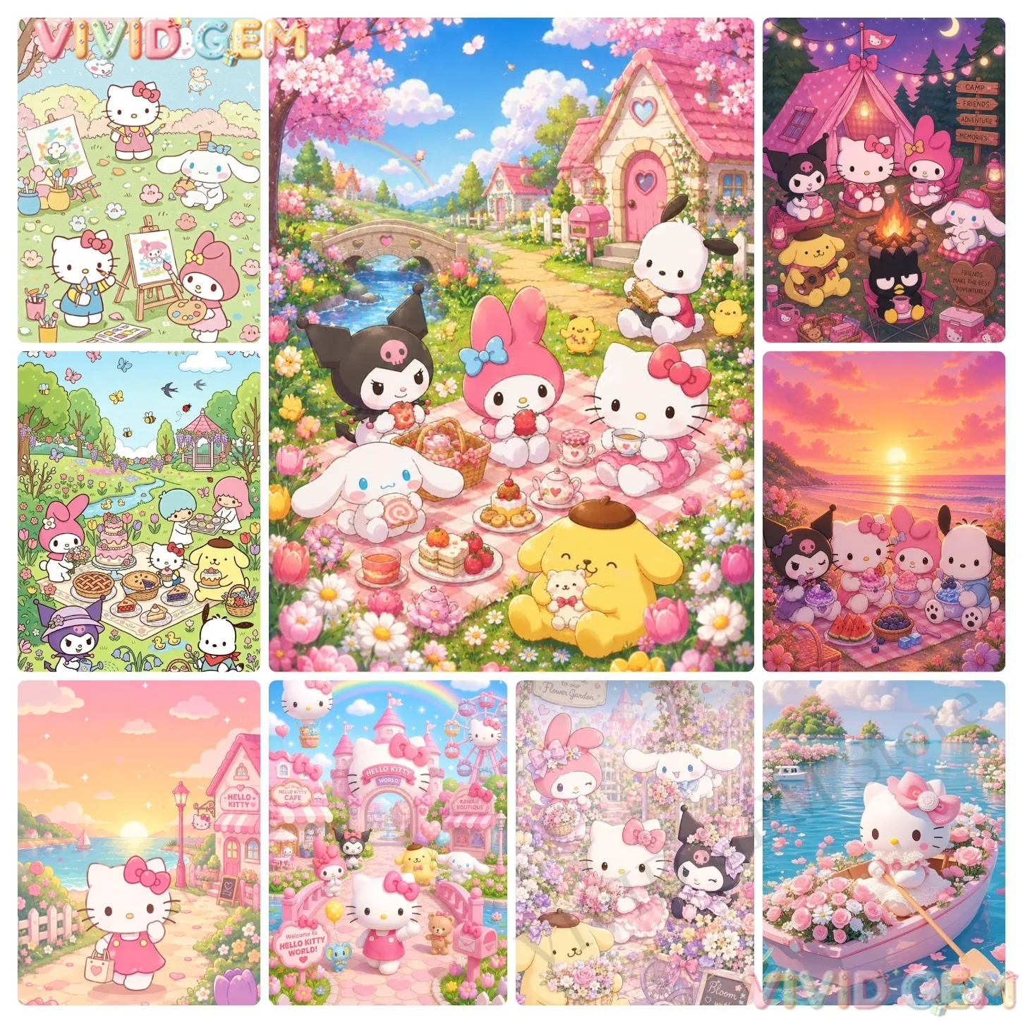 VIVID GEM 5D DIY Sanrio Sanrio Friends Diamantmalerei Vollbohr Kawaii Collage Kreuzstich Mosaik Geschenk für Zuhause