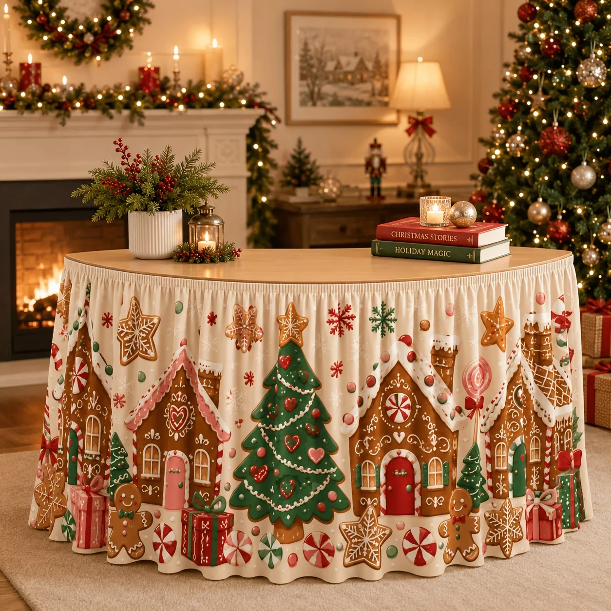 One tablecloth or table skirt. Cute gingerbread Christmas table skirt. Gingerbread house. Gingerbread man. Christmas tree.xzj