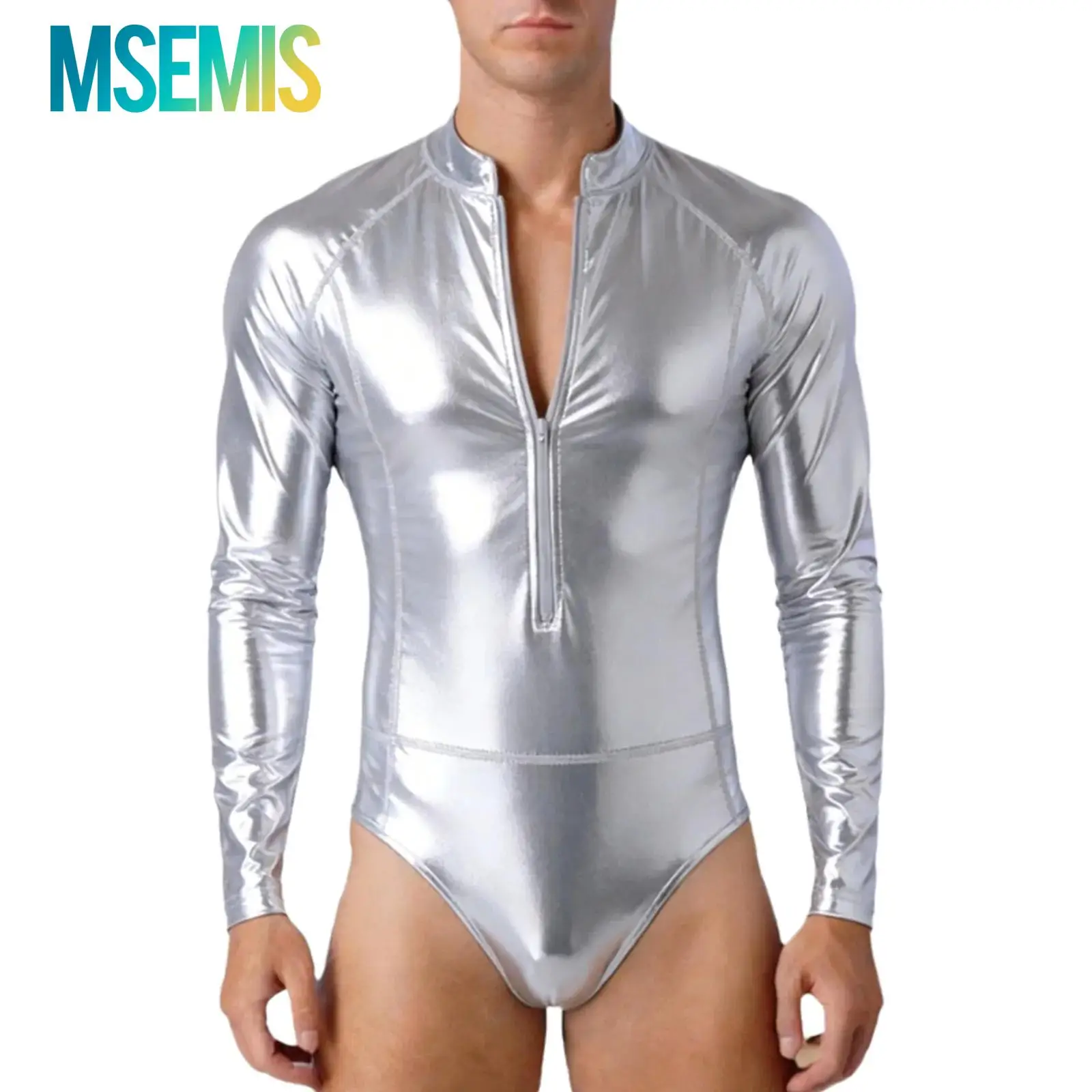 

Мужской металлический блестящий комбинезон-боди, цельный купальник на молнии с длинным рукавом, ромпер для гимнастики, костюм космонавта, инопланетянина, карнавальный костюм