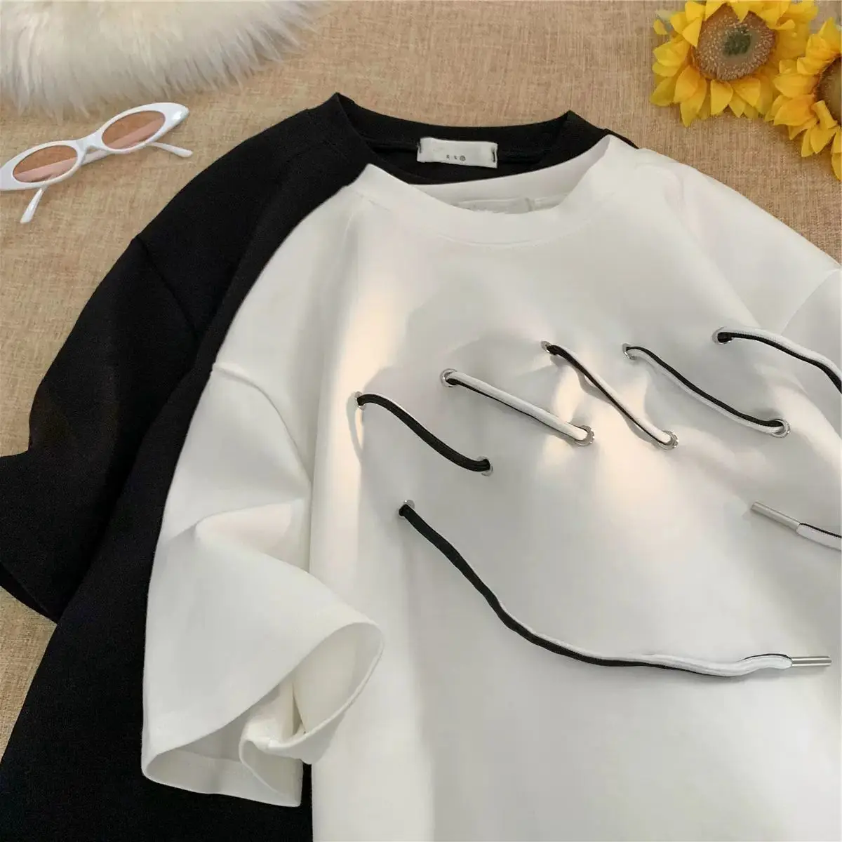 Summer Thread The Rope Design O Neck Women Short Sleeve T Shirts Fashion Casual Personality 2xl Oversized Clothing Black White