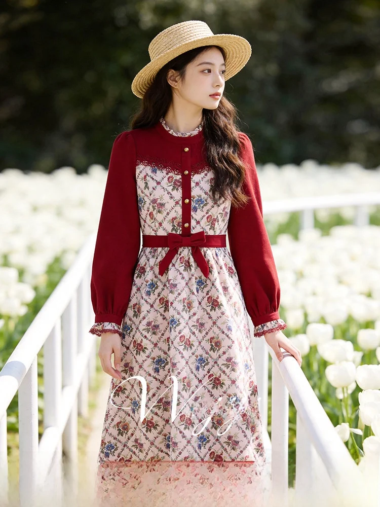 

High Waist Long Sve Dr Women plus Size Midi Slim A-Line Dr Color Blo Fake Two-Piece Vintage Sle Polyester Fiber