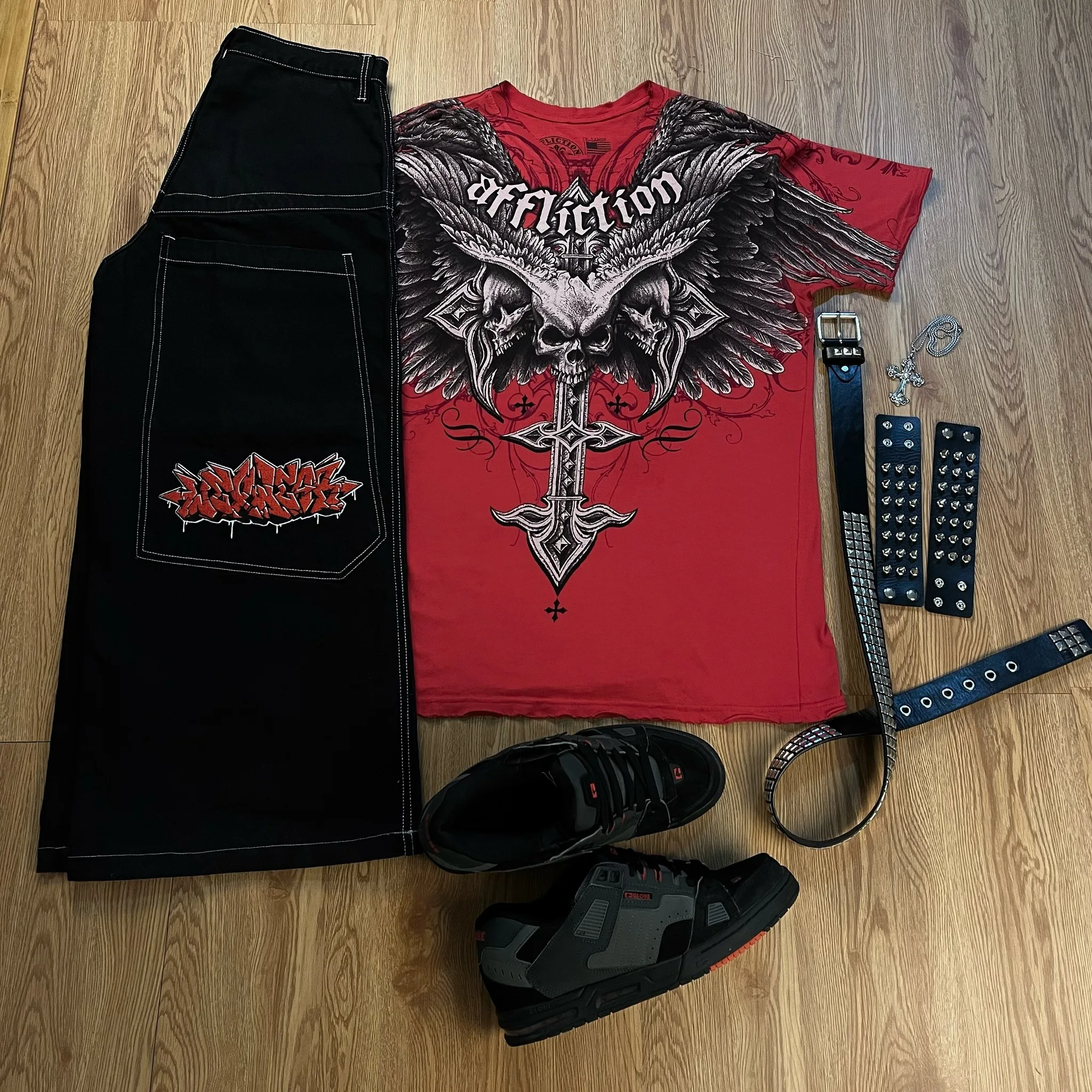 Jnco i wear haftowane dżinsy kombinezon graficzny Y2K Jeans dres t shirt dla mężczyzn Streetwear Harajuku czarne spodnie deskorolkowe